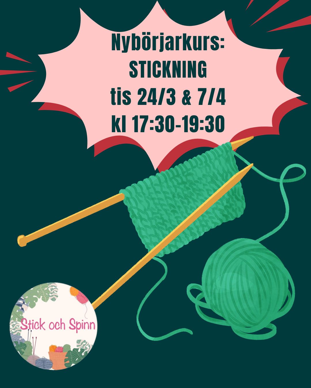 Nybörjarkurs i stickning (24/3 & 7/4)