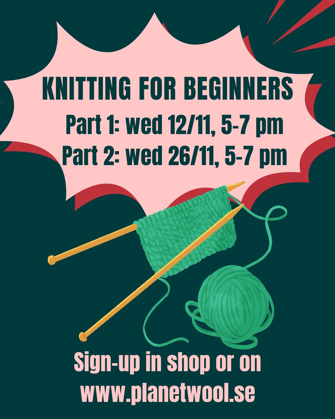 (IN ENGLISH) Knitting for Beginners: 12 nov & 26 nov, 5-7 pm